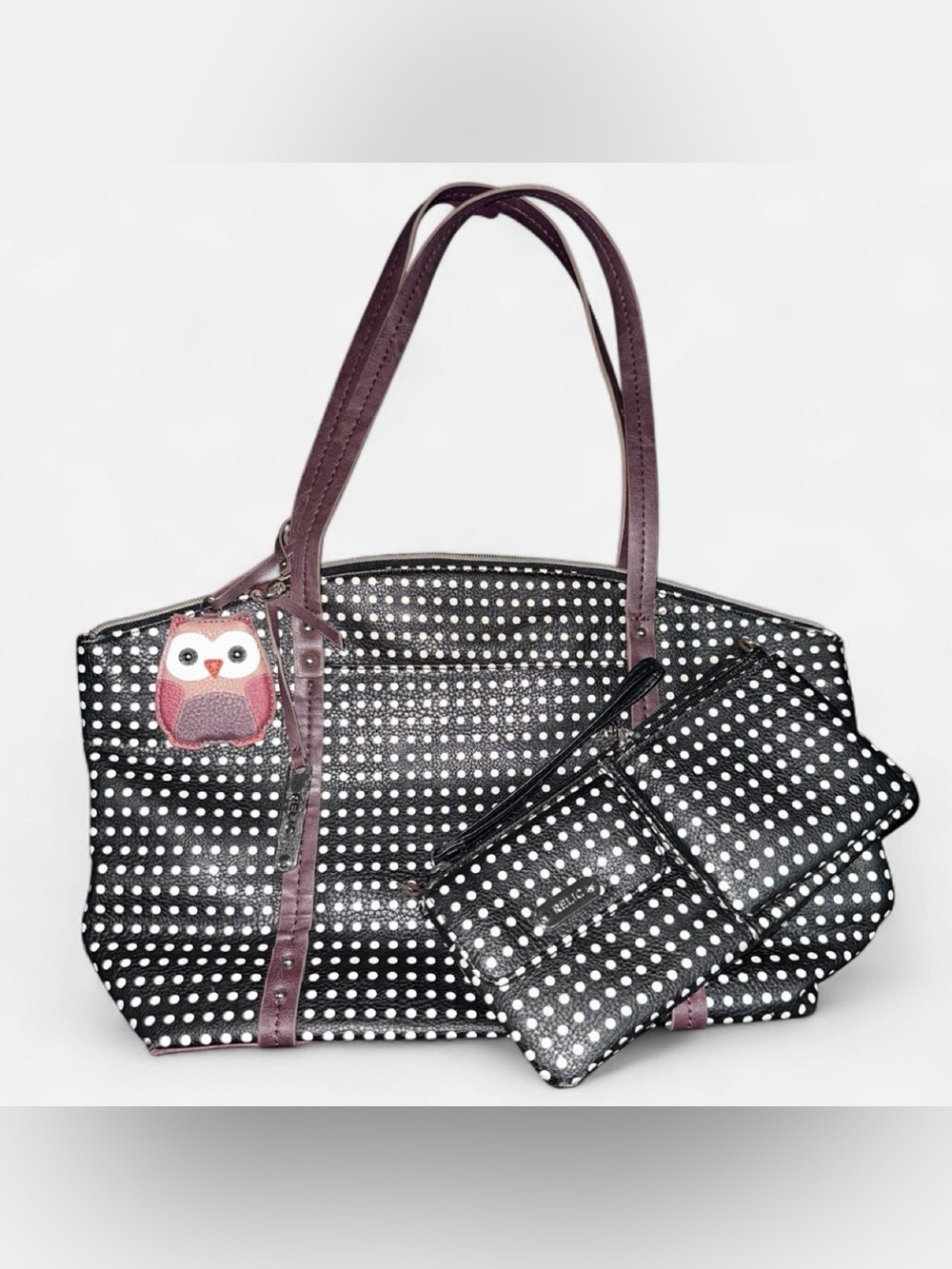 Relic Black Polka Dot Tote with Owl Charm and Wallet